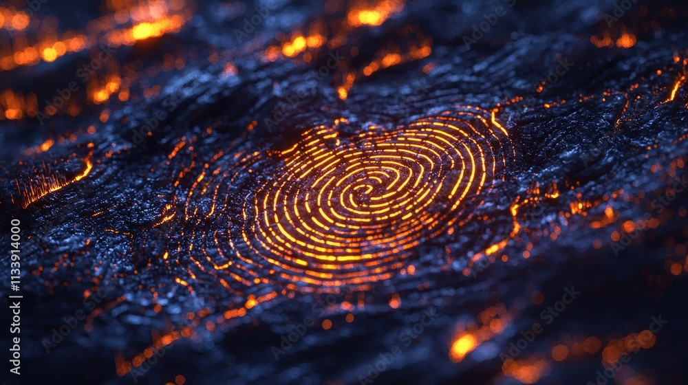 Poster illuminated fingerprint pattern on volcanic rock surface nature macro photography nighttime close-up