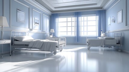 Sunlit hospital room with two beds, light blue walls, and shiny floors.
