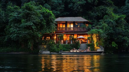 Obraz premium Illuminated Lakeside House Nestled Within Lush Greenery