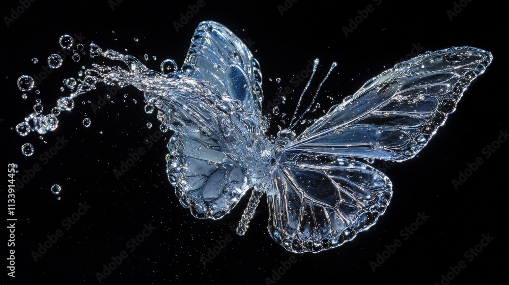 Aufkleber nature concept dynamic water droplet and butterfly form in abstract macro photography on dark backdr