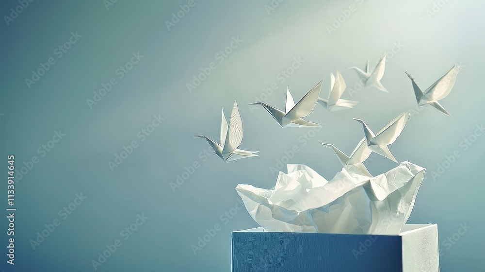 Poster minimalistic studio setting with floating white origami birds - close-up artistic photography for a 