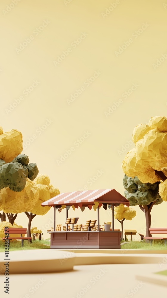 Poster a minimal 3d rendering of a park scene with a small stand and benches in front of trees against a ye