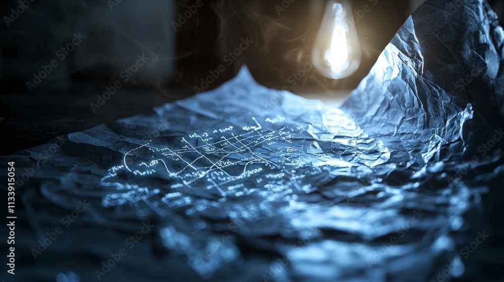 Poster illuminated math equations on crumpled paper in a dimly lit room an abstract close-up exploration