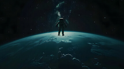 Fototapeta premium Astronaut Floating in Space, Symmetrical Earth Orbit View, Dark Background Cinematic Composition, Minimalist Low Contrast Ultra Quality.