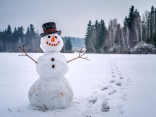 Cheerful Snowman with Top Hat and Carrot Nose in a Snowy Field