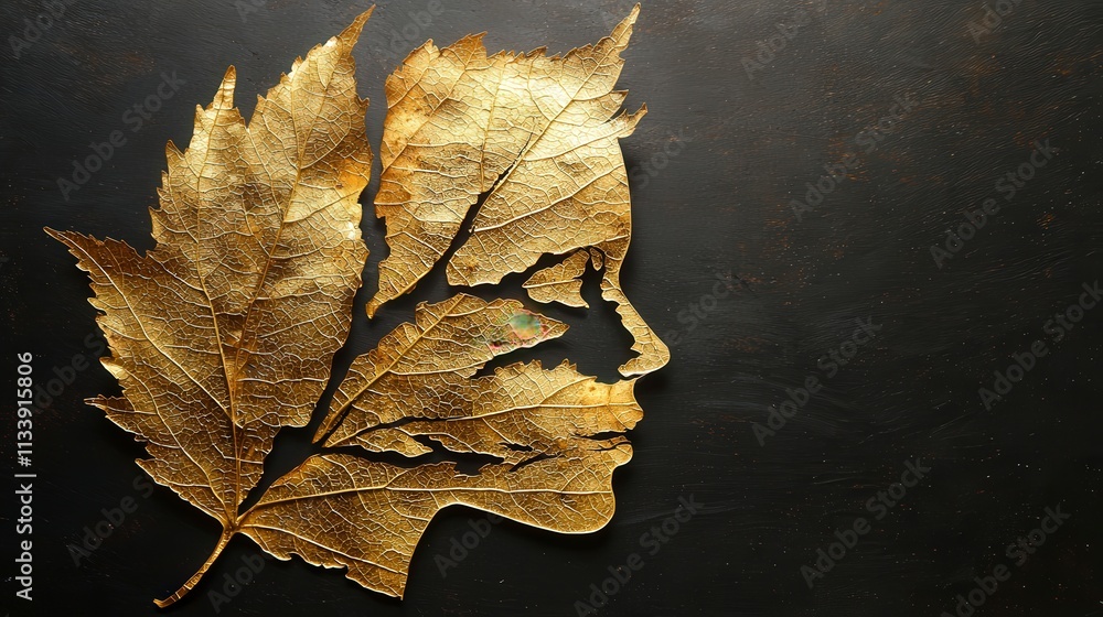 Poster surreal golden autumn leaf portrait nature scene artistic composition minimalist background close-up