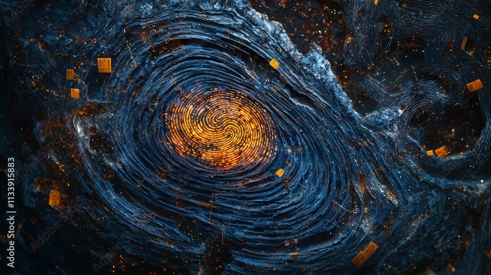 Poster evolving human fingerprint in galactic swirl digital art cosmic environment surreal viewpoint abstra