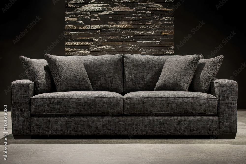 Poster elegant dark gray sofa with clean angular lines highlighted by spotlight against a textured stone wa