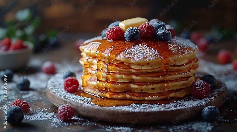 Poster decadent stack of pancakes dripping with syrup and topped with berries and powdered sugar