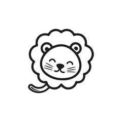Cute lion head cartoon illustration drawn in minimalist black and white line art style, symbolizing happiness and friendliness. Perfect for children’s books, logo design, or playful stationery.