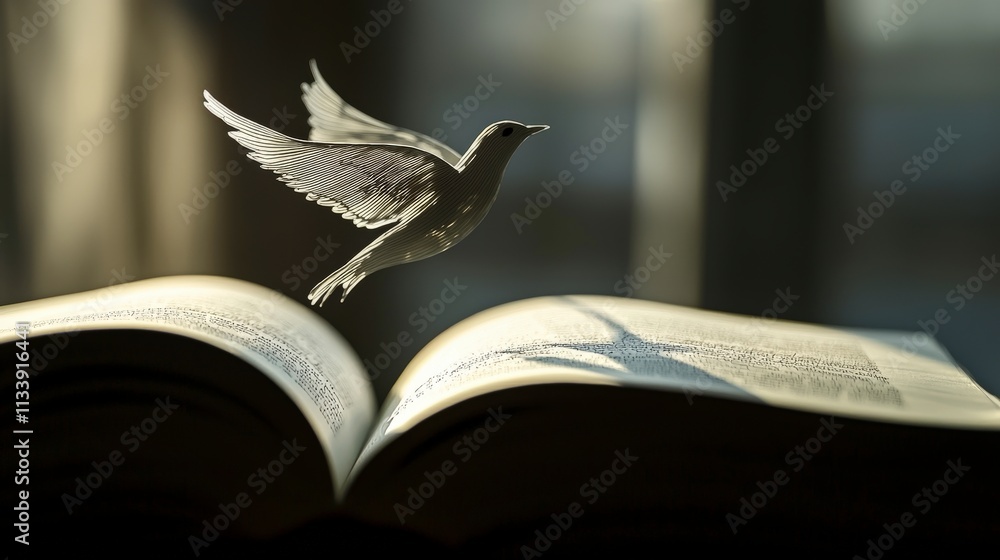 Poster surreal scene of a book's pages flipping gently with a bird indoor setting photography dreamlike atm