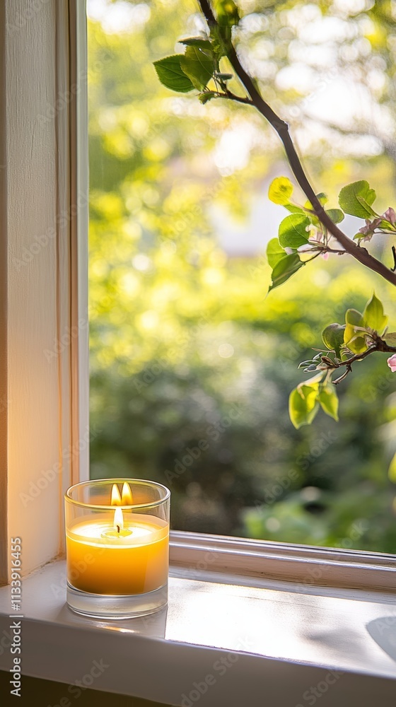 Poster a single burning candle sits on a windowsill with a view of a flowering tree branch outside.