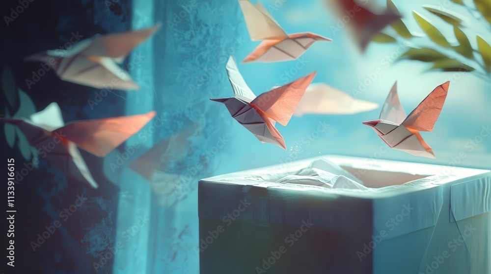 Poster close-up view of surreal transformation paper tissues to origami birds in a whimsical digital art se