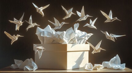 Tissue paper transforming into origami birds studio environment artistic photography surreal concept captivating perspective