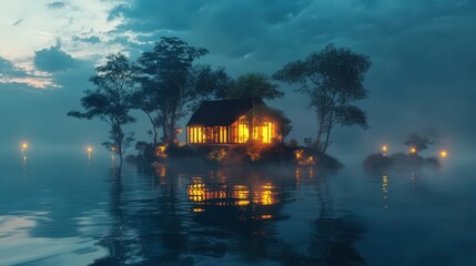 Illuminated Lakeside Cabin Nestled On A Misty Island