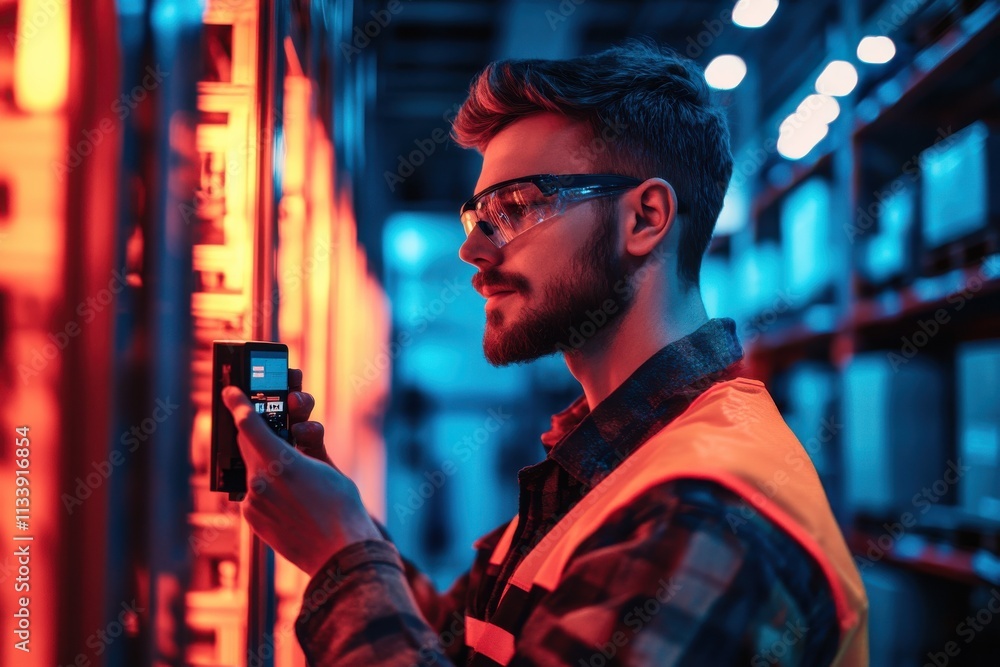 Aufkleber engineer calibrating sensors on an autonomous robot in a cold blue lit warehouse environment with ad