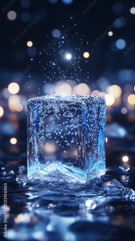 Poster a single ice cube with bubbles and water droplets on a dark blue background with bokeh lights.