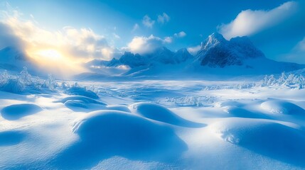 Obraz premium A snow covered mountain landscape with a blue sky and clouds