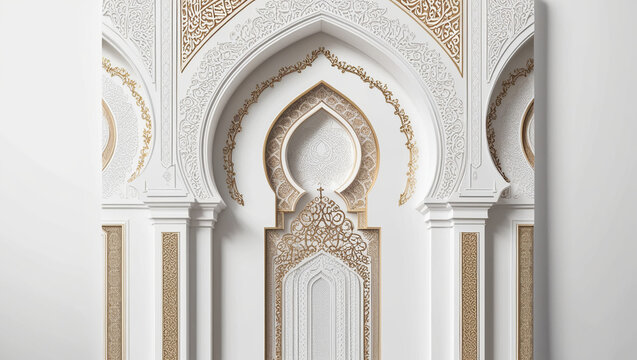 AI generative. Arabesque design of gold mihrab of mosque for islamic holiday greeting with white background. 15