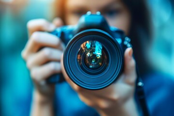 A person is holding a camera with a lens that is black and blue