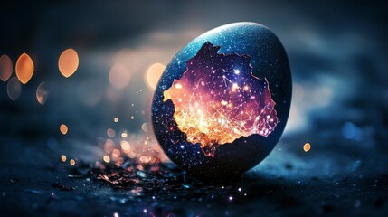 Glowing eggshell breaking apart mystic realm fantasy art dark background close-up view imagination unleashed