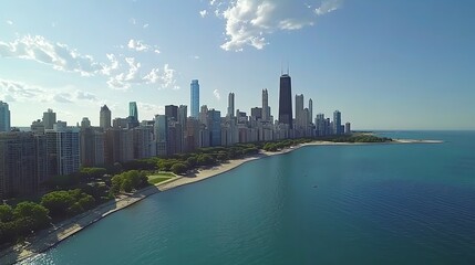 Chicago Skyline Aerial Drone View from Above Lake Michigan