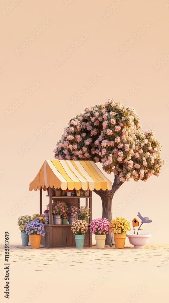 Poster a small flower stand with a striped awning and a blooming tree in front of a peach-colored backgroun