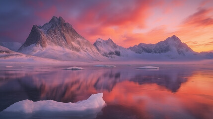 Arctic Elegance: Fiery Sunset Over Snow-Covered Peaks and Ice-Filled Waters