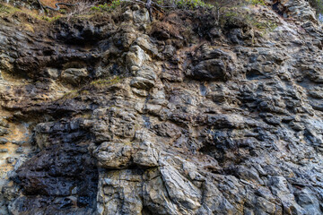 Rocky Cliff Formation on Vancouver Island Shoreline Showcasing Textured Layers of Sediment