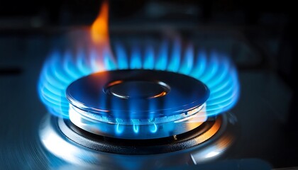 Gas stove burner with blue flame, close up view.