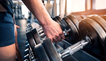 Plakat Hand selecting a dumbbell from a rack in a gym, focus on fitness and strength.