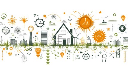 Sustainable home design concept with renewable energy sources and smart technology.