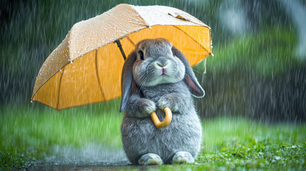 cute bunny holding yellow umbrella in rain, surrounded by lush green grass