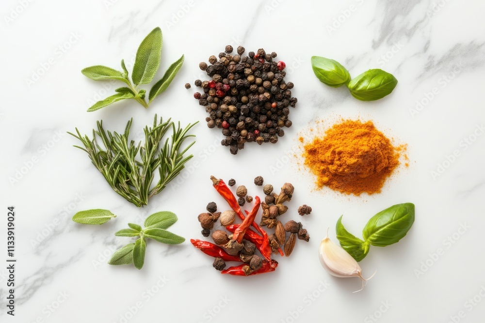 Poster fresh and dried spices and herbs arranged in a circular pattern on clean white marble surface with n