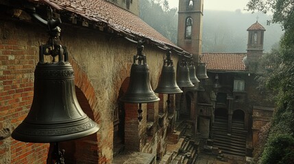 Obraz premium Ancient Bells Hanging on Brick Monastery Wall