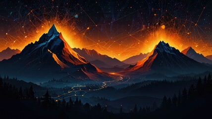 Digital Artwork Of Mountains Sunset And Starry Sky