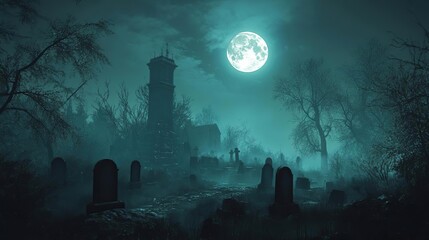 arafed cemetery with a full moon in the background