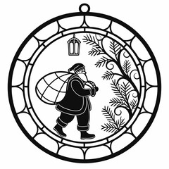 Stained Glass Christmas Santa round sign Ornament Black silhouette
