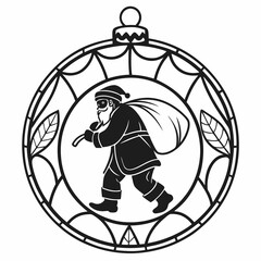 Stained Glass Christmas Santa round sign Ornament Black silhouette