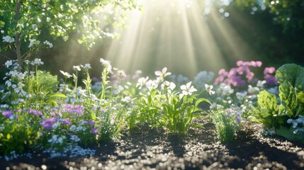 Obraz premium Sunbeams illuminating a vibrant wildflower meadow
