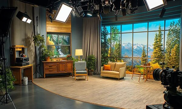 A cozy studio set with a scenic mountain view, designed for interviews or talk shows.