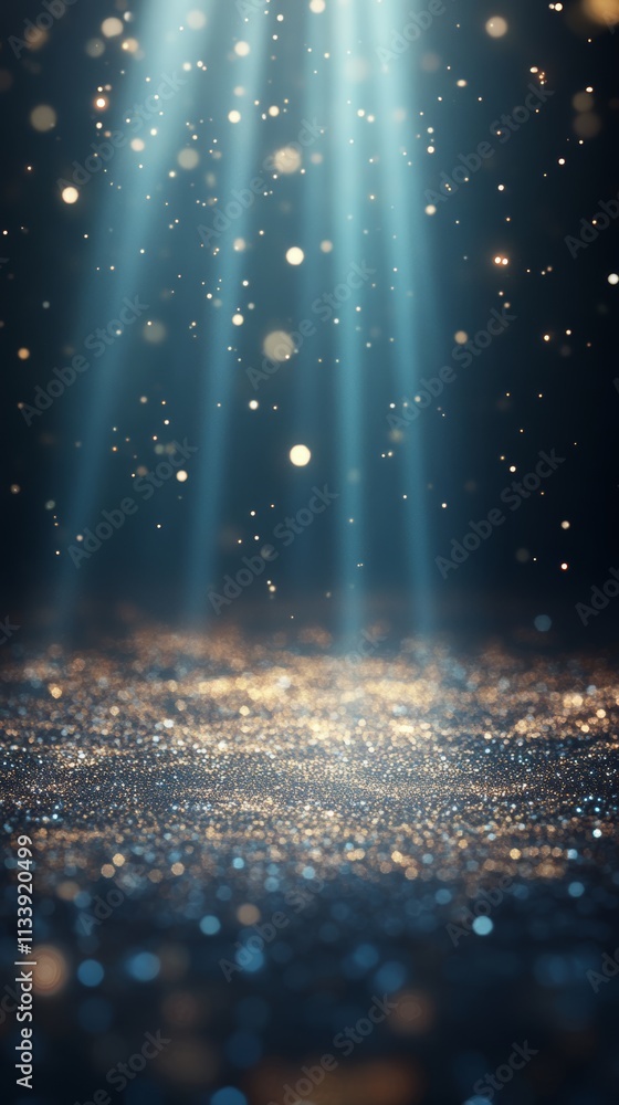Poster abstract background with three beams of light shining down on a glittery surface.