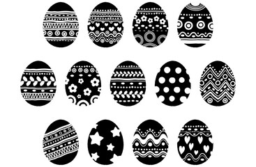 イースターエッグのシルエットアイコンベクターイラストセット モノクロ 白黒