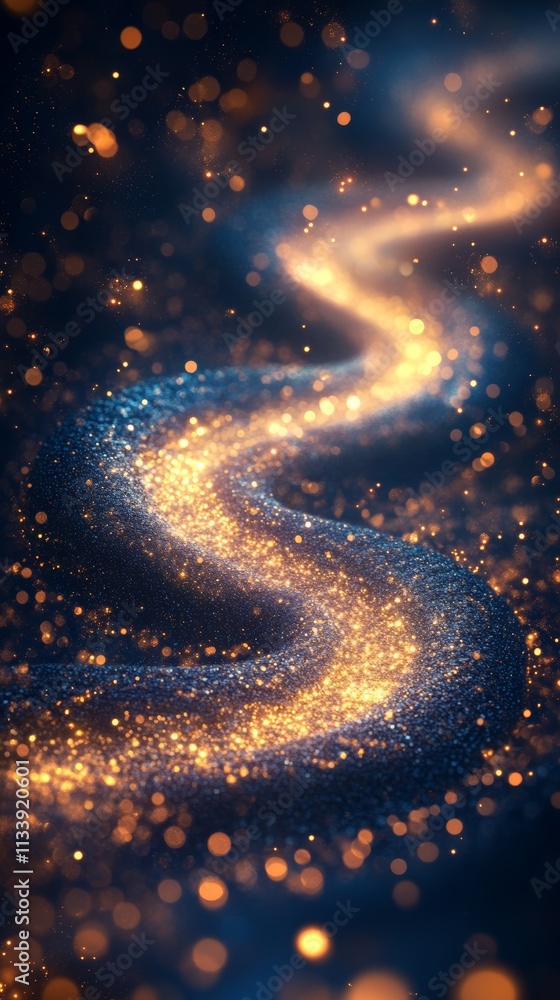 Poster abstract glowing trail of light particles with bokeh.