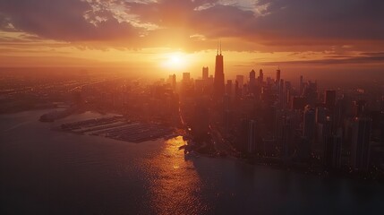 Chicago Skyline at Sunset - Aerial View, United States