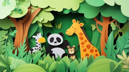 Naklejka premium Adorable Papercraft Animals in Lush Green Forest Setting A Delightful Scene of Panda, Giraffe, Monkey and Okapi in a Vibrant Jungle