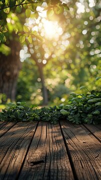 a close up of a wooden table with a tree in the background