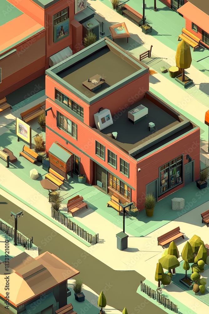 Poster an isometric view of a red brick building with a flat roof and a street in front of it.
