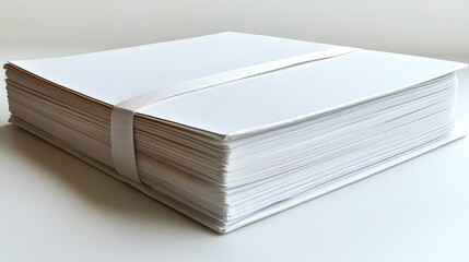 Thick stack of blank white papers bound with a white band on a white surface.
