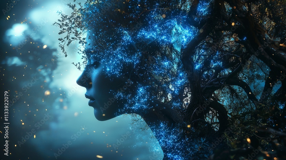 Poster ethereal double exposure of a scientist's profile with nature background in conceptual digital art
